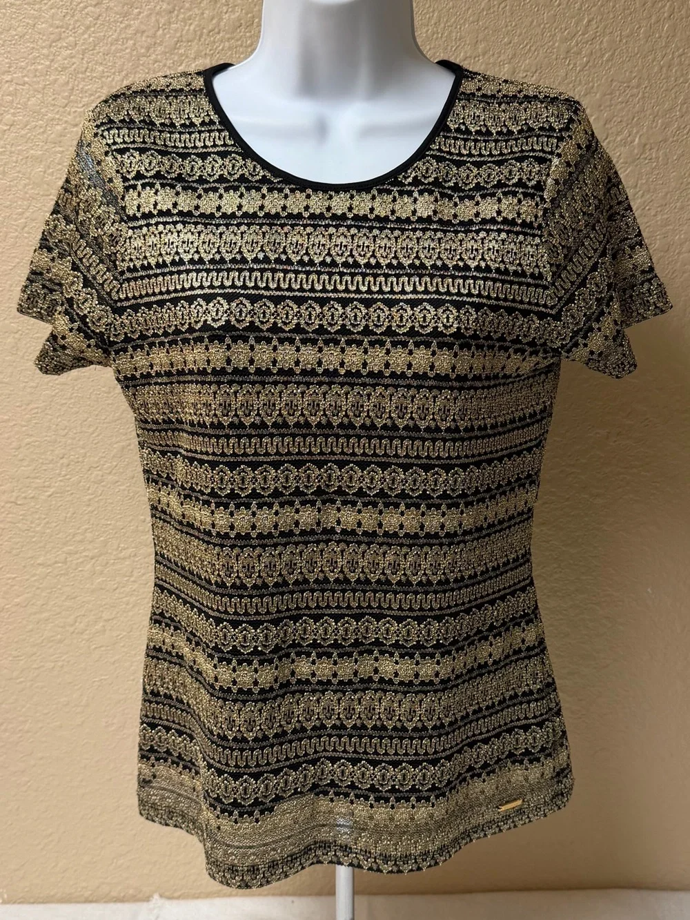 4/$20 Calvin Klein Black and Gold Short Sleeve Knit Top
